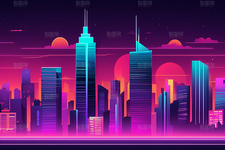 霓虹城市彩色赛博朋克插画
