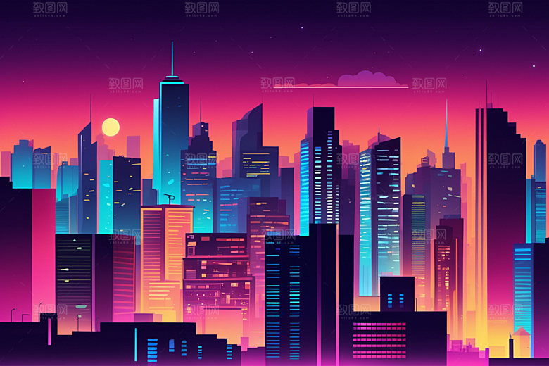 霓虹城市科技感建筑插画