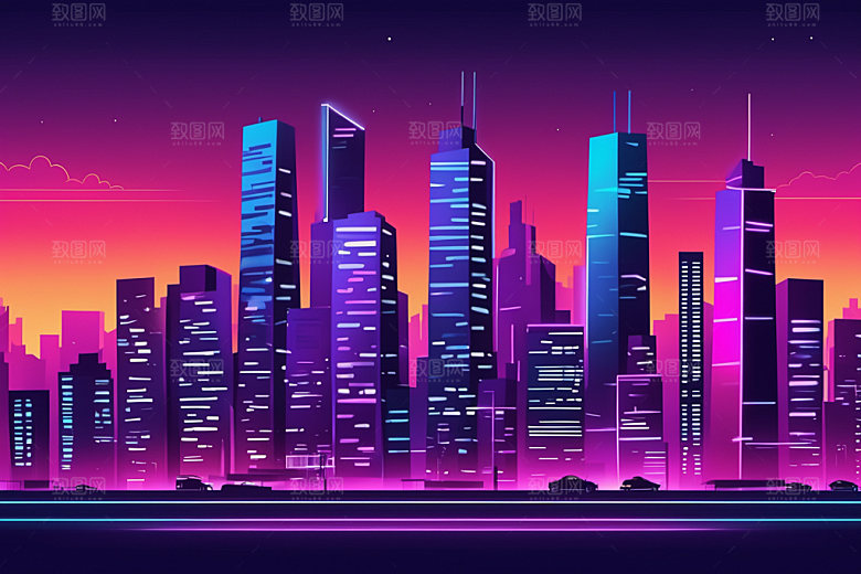 霓虹城市科技感地标插画