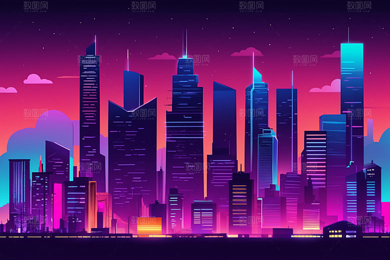 霓虹城市都市赛博朋克插画