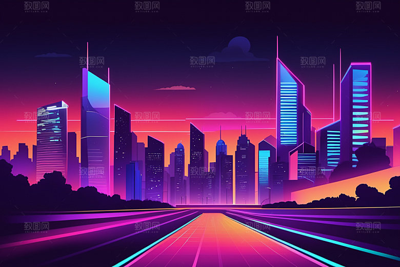霓虹城市时尚科技感插画