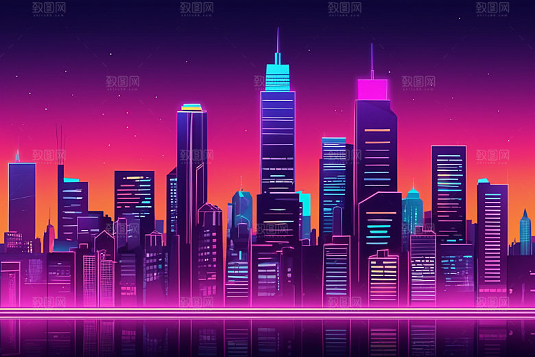 霓虹城市建筑地标插画