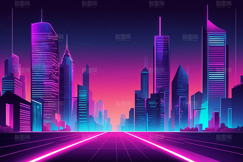 霓虹城市建筑元素插画