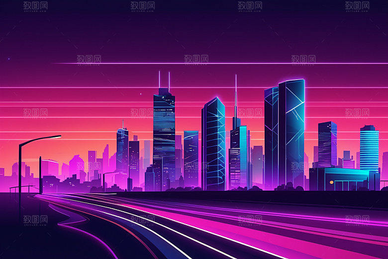 霓虹城市都市科技感插画