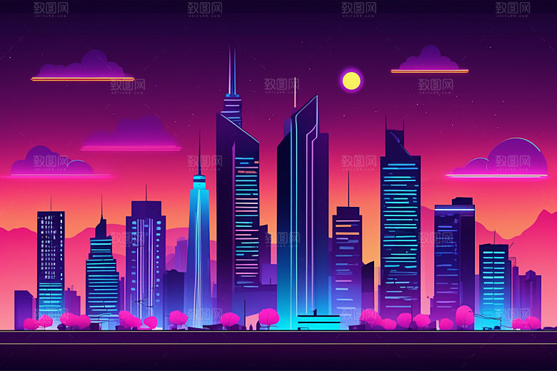 霓虹城市都市元素插画