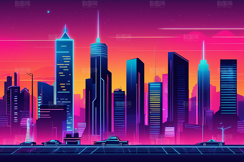 霓虹城市时尚地标插画