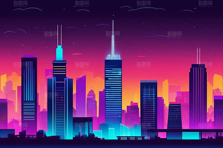 霓虹城市赛博朋克地标插画
