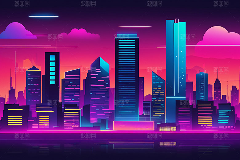 霓虹城市时尚建筑插画