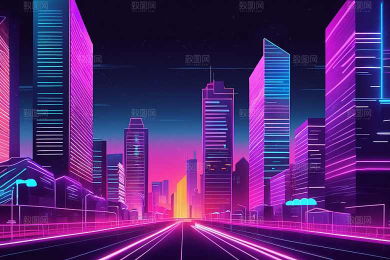 霓虹城市地标赛博朋克插画