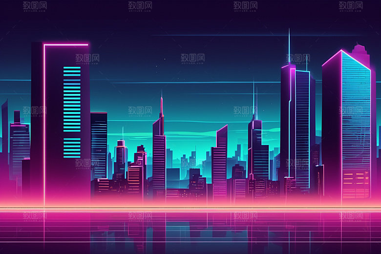 霓虹城市都市地标插画