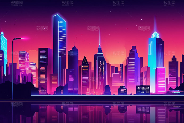 霓虹城市彩色元素插画