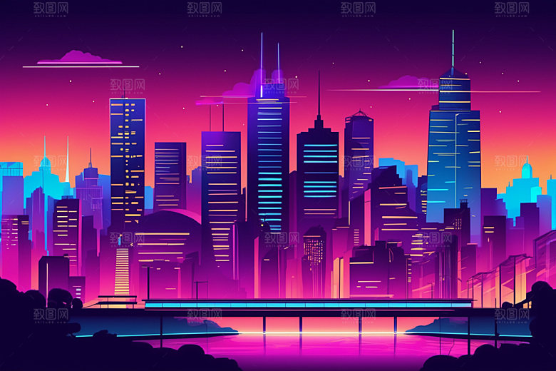 霓虹城市未来科技感插画