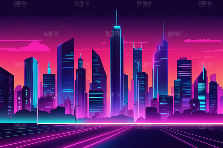 霓虹城市元素赛博朋克插画