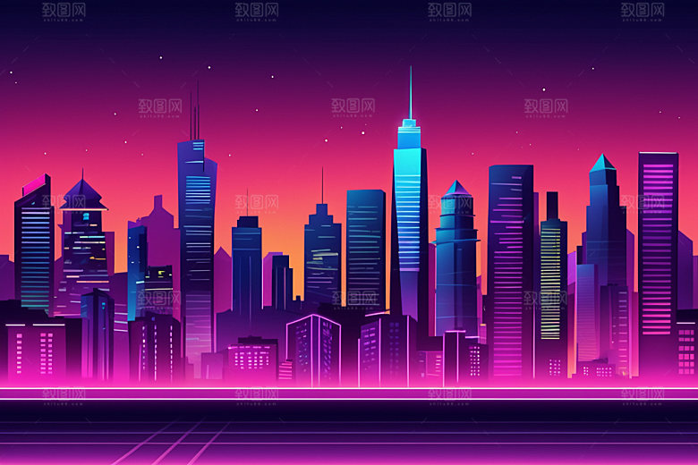 霓虹城市赛博朋克建筑插画