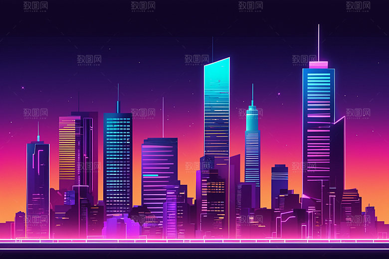 霓虹城市建筑元素插画