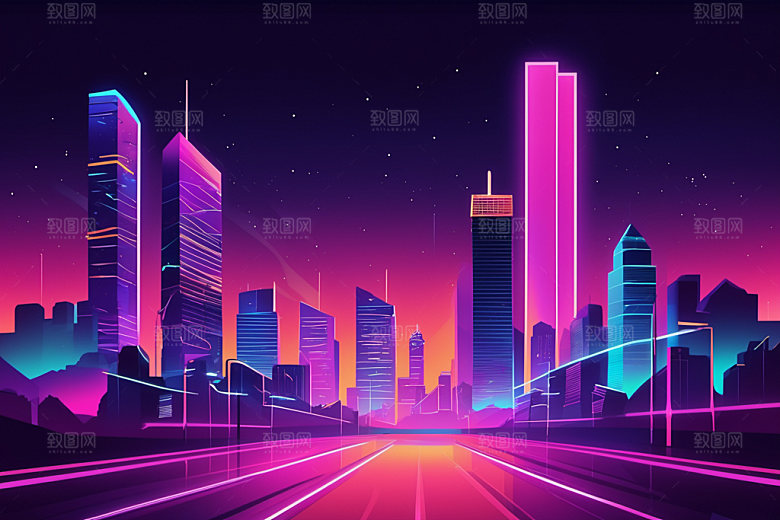 霓虹城市都市赛博朋克插画