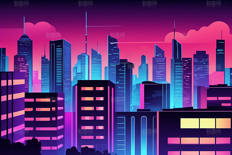 霓虹城市时尚地标插画