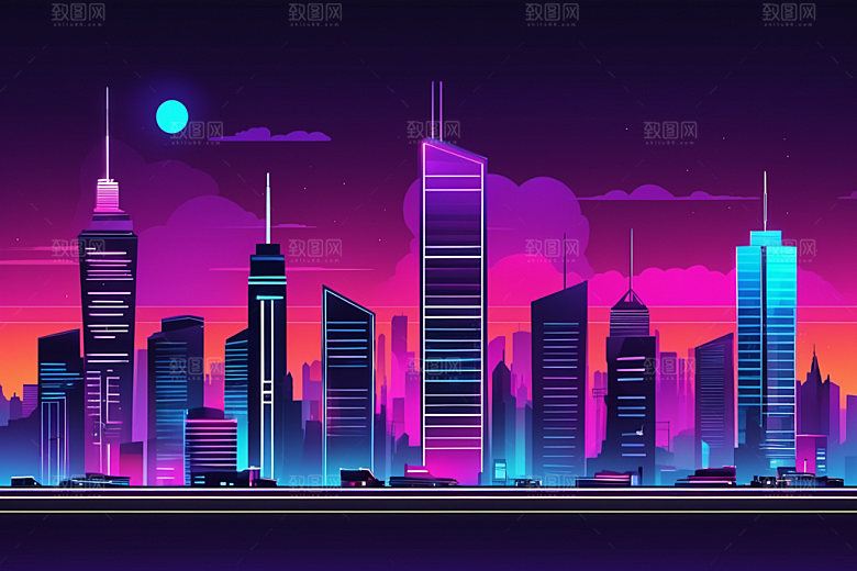 霓虹城市时尚彩色插画