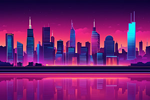 霓虹城市元素彩色插画