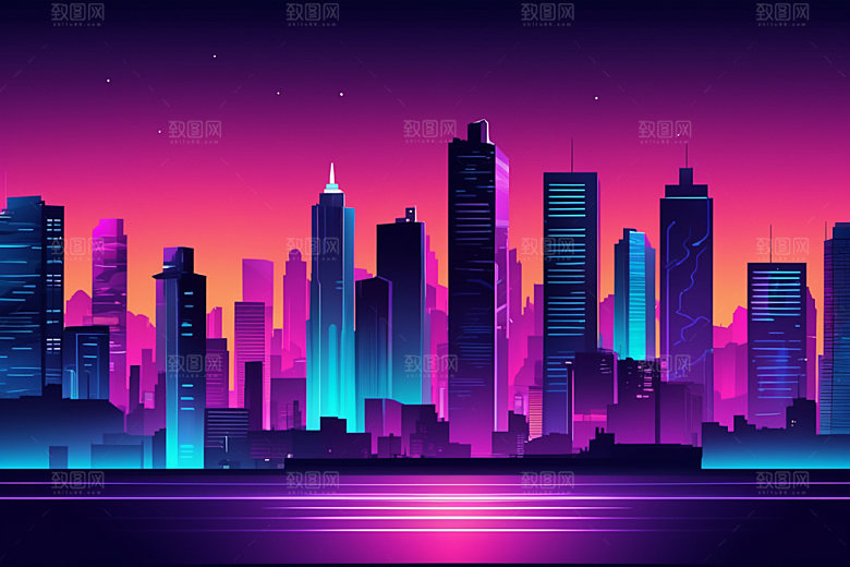 霓虹城市建筑未来插画