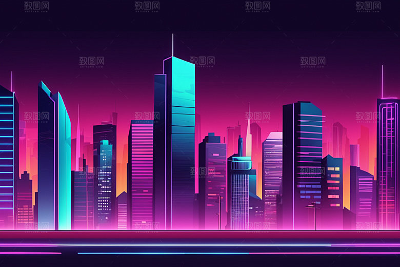 霓虹城市地标赛博朋克插画