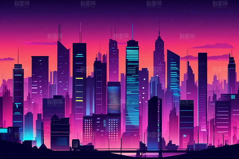 霓虹城市时尚彩色插画