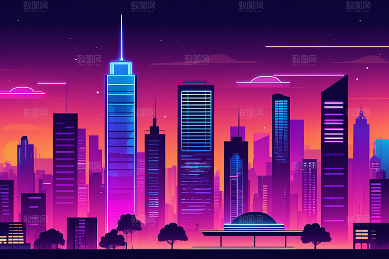 霓虹城市建筑彩色插画