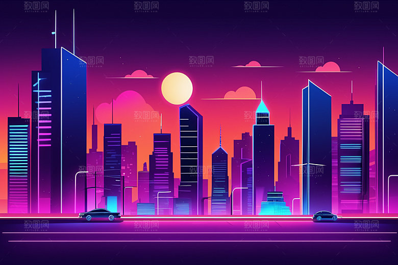 霓虹城市未来彩色插画