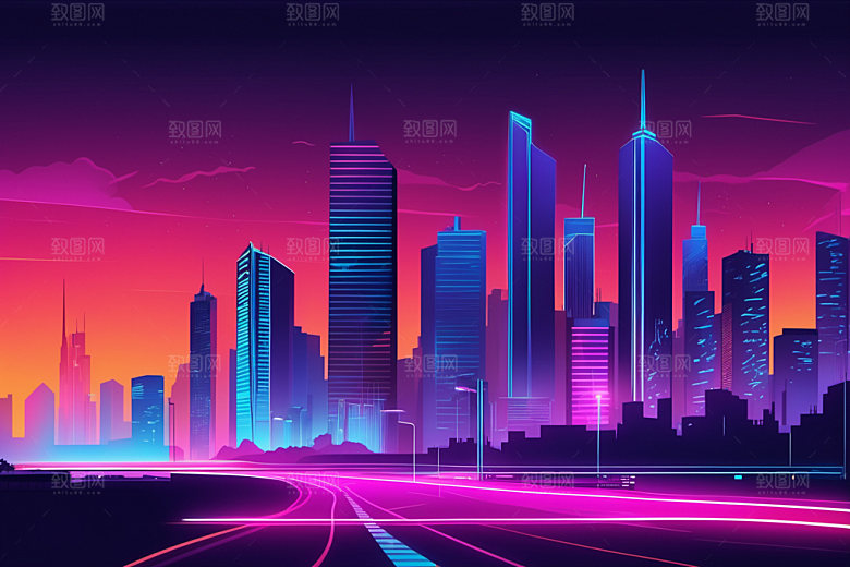 霓虹城市都市彩色插画