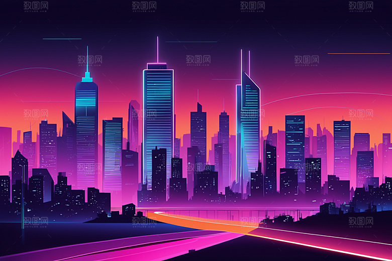 霓虹城市建筑彩色插画