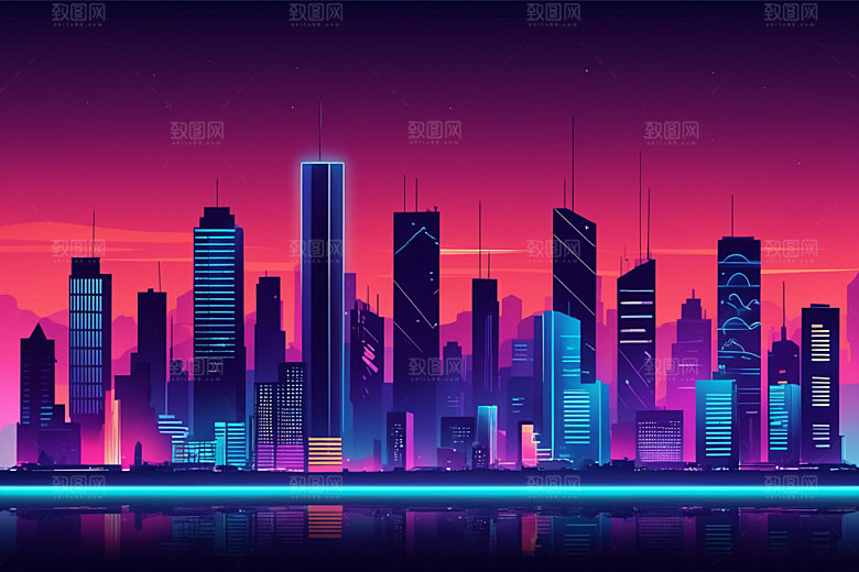 霓虹城市赛博朋克科技感插画