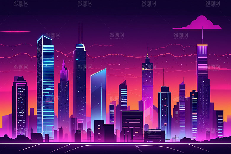 霓虹城市地标建筑插画