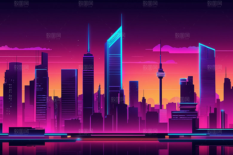 霓虹城市建筑地标插画