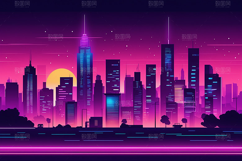 霓虹城市元素时尚插画