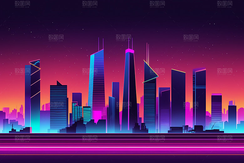 霓虹城市赛博朋克彩色插画