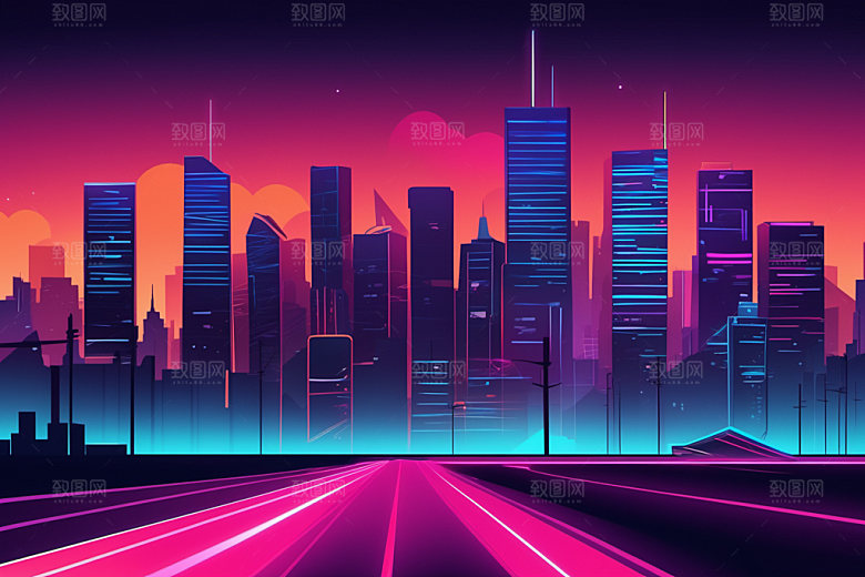 霓虹城市地标未来插画