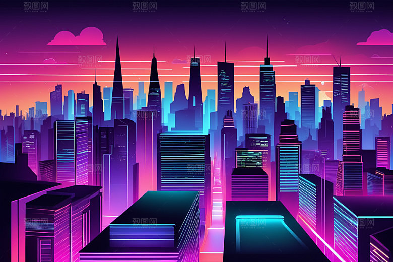 霓虹城市元素科技感插画