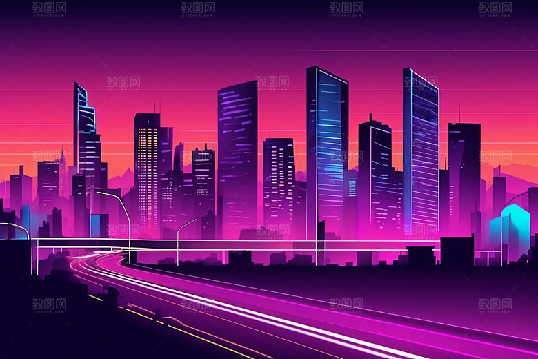 霓虹城市赛博朋克元素插画