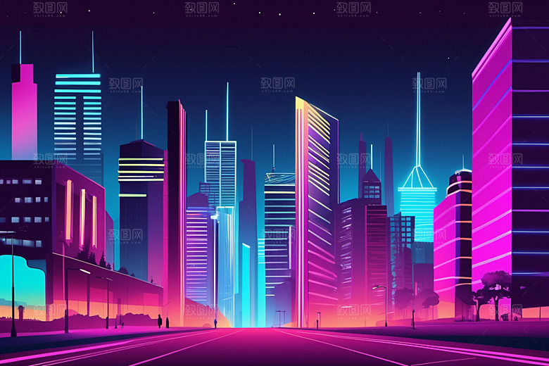 霓虹城市建筑科技感插画