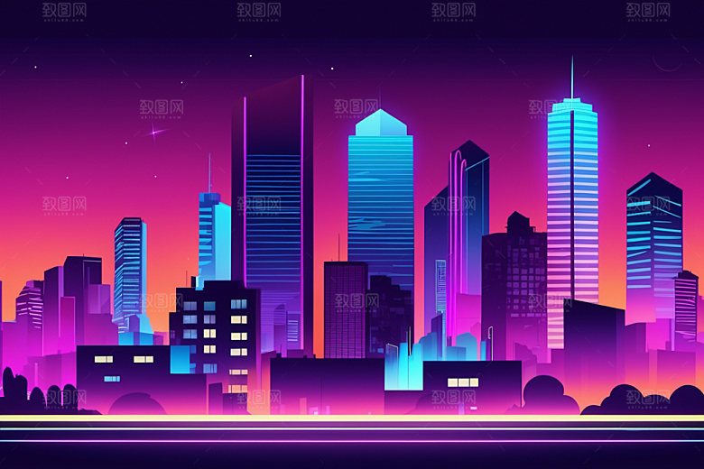 霓虹城市科技感都市插画
