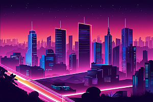 霓虹城市都市建筑插画