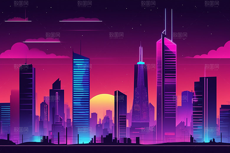 霓虹城市彩色元素插画