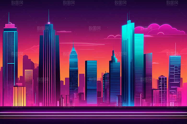 霓虹城市赛博朋克地标插画