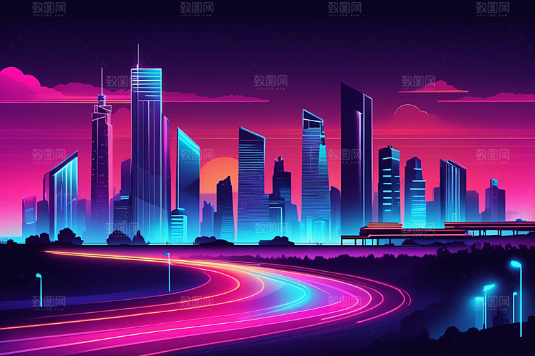 霓虹城市未来赛博朋克插画