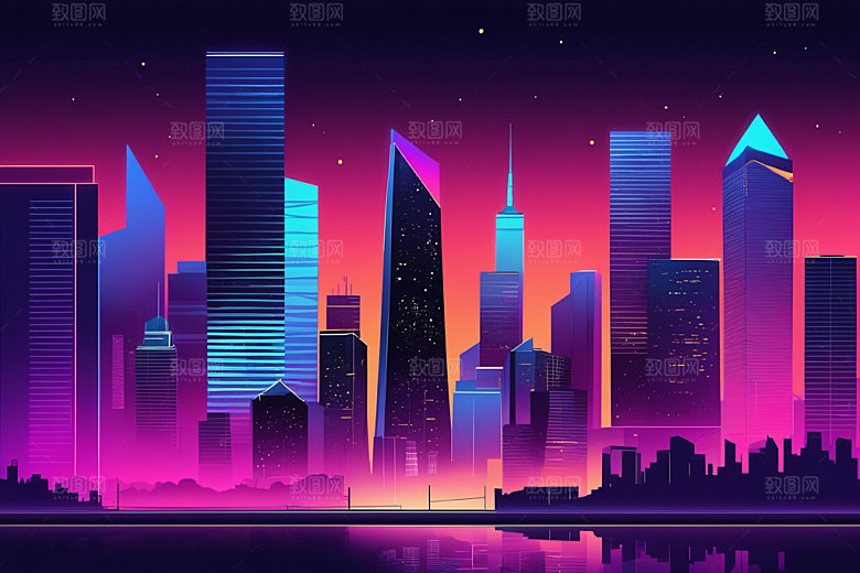 霓虹城市地标科技感插画