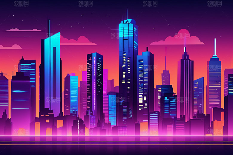 霓虹城市时尚赛博朋克插画