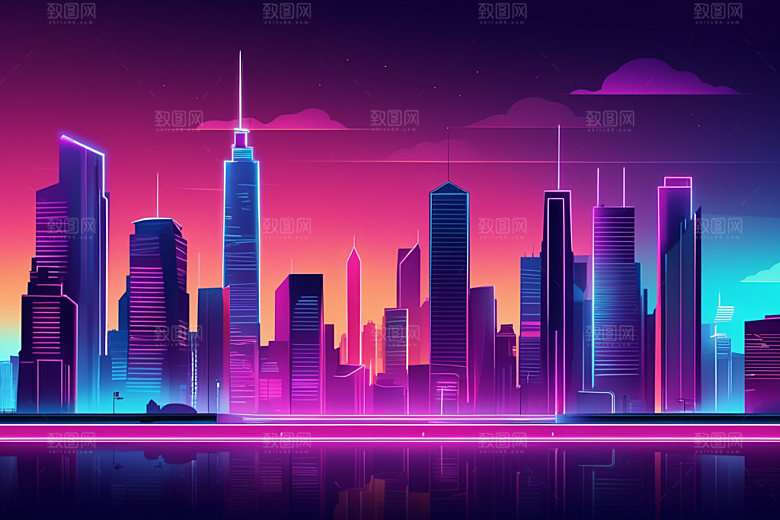 霓虹城市赛博朋克彩色插画