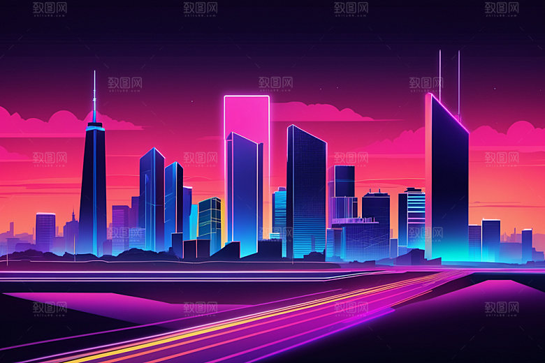 霓虹城市科技感建筑插画