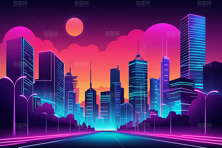 霓虹城市建筑科技感插画
