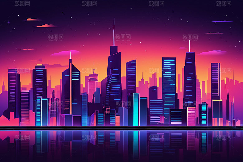 霓虹城市科技感建筑插画